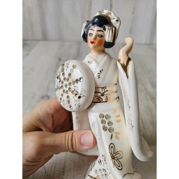 Lefton 10248 geisha shield girl lady dancing dress Monk rhinestone figurine stat - Picture 7 of 9